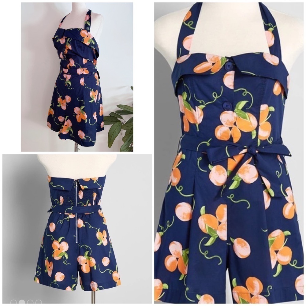 NWT ModCloth ERA Peach Fruit Navy Blue Buttons PLUS Size 2X Halter Tied Romper‍﻿
